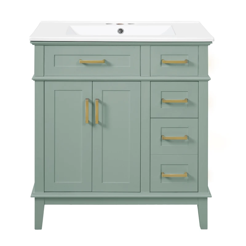 Solid Bathroom Vanity with Ceramic Undermount/Drop-In Sink, Modern Storage Cabinet for Compact Washrooms, 30'' L x 18'' W x 34'' H, Light Green