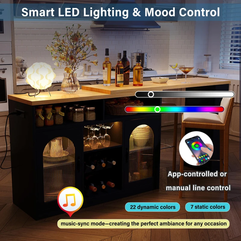 Multifunctional Bar Table with App-Controlled LED Lighting, Stylish Kitchen Island with Extendable Rolling Top, 47" L x 15.5" W x 36.5" H, Black+Natural