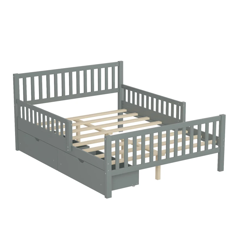 Full Size Wood Platform Bed with 2 Under-Bed Storage Drawers, Solid Bed Frame with Guardrails on Both Sides, 77.5'' L x 57.5'' W x 34.5'' H, Grey