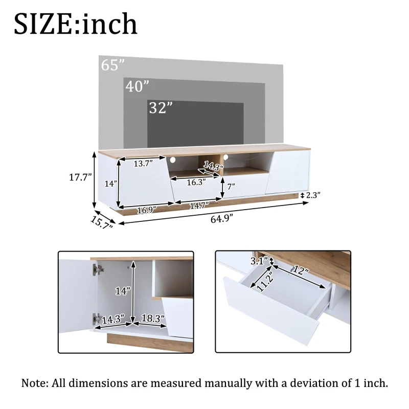 Stylish TV Cabinet with App-Controlled LED Lighting and High-Gloss Front, Freestanding TV Stand with 2 Drawers, 65" L x 15.5" W x 17.5" H, White