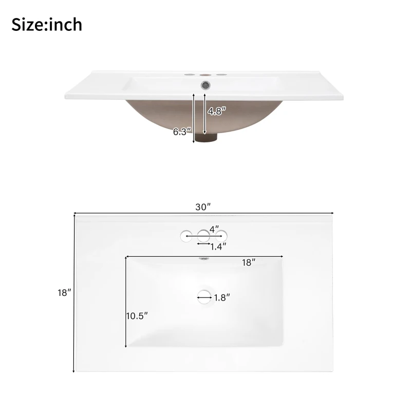 Free-Standing Bathroom Vanity with Ceramic Undermount/Drop-In Sink, Modern Storage Cabinet for Small Condos, 30'' L x 18'' W x 34'' H, Grey