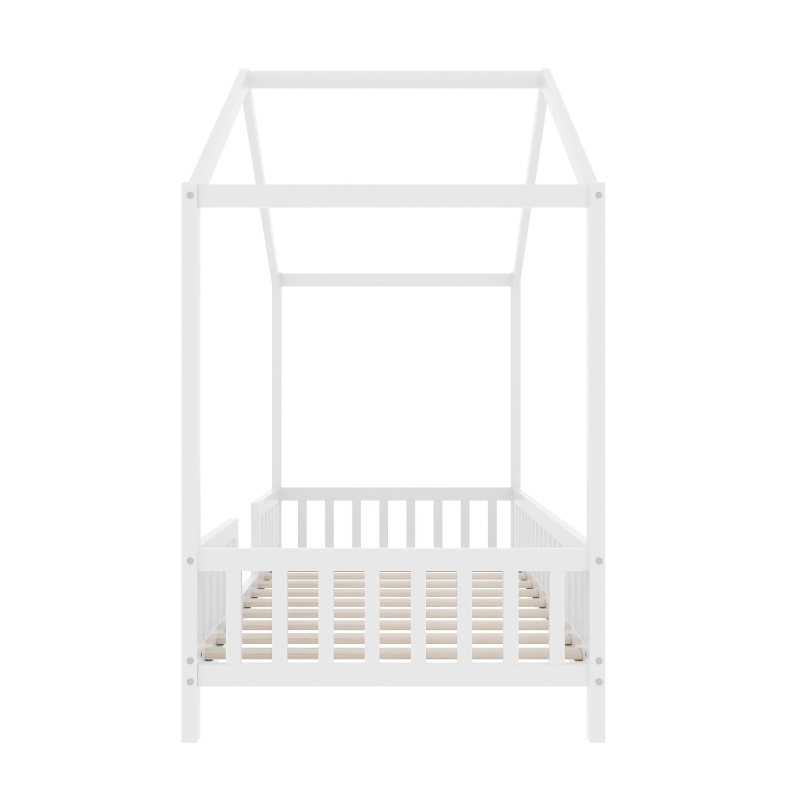 Twin House-Shaped Toddler Bed with 4 High Guard Railings & Roof Frame, Montessori Floor Bed with Canopy, 78.5'' L x 41.5'' W x 78'' H, White