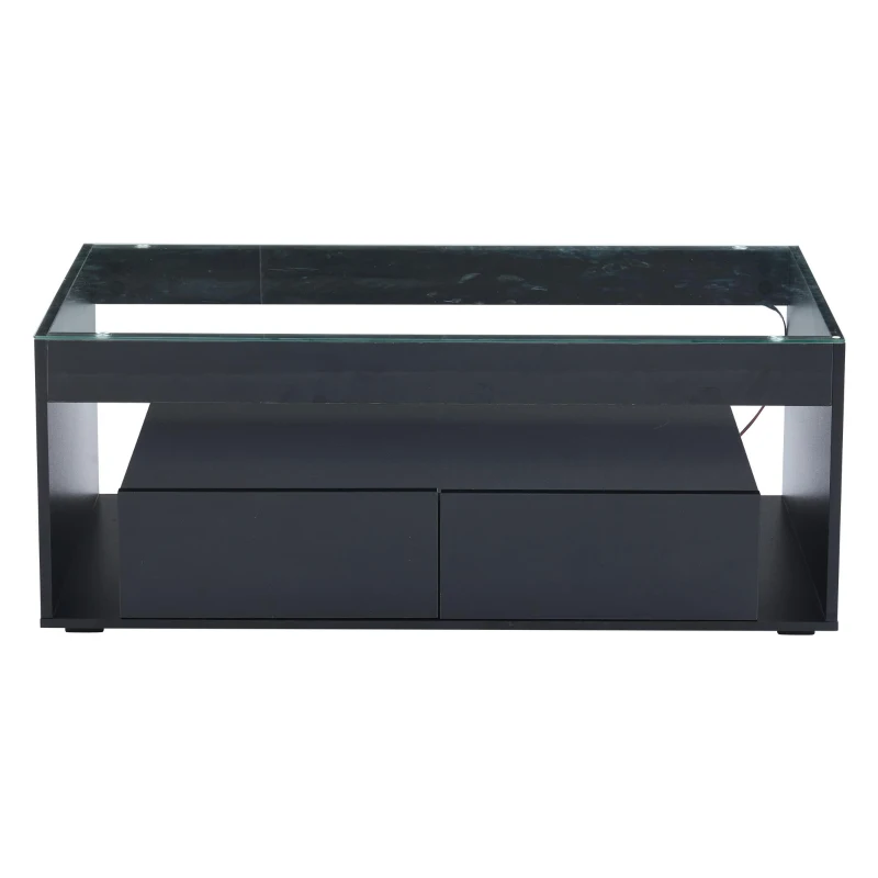 High-Gloss Coffee Table with App-Controlled RGB LED Strip, Spacious Center Table with Open Double-Layer Storage, 39.5" L x 19.5" W x 15.5" H, Black