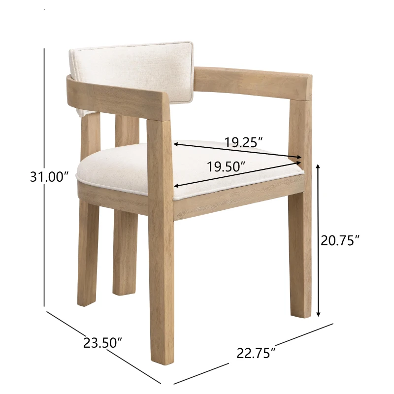 Set of 2 Dining Chairs with Armrests and Rubber Wood Frame, Wooden Dining Seating with Low-Maintenance Fabric, 22.5'' L x 23.5'' W x 31'' H, Beige