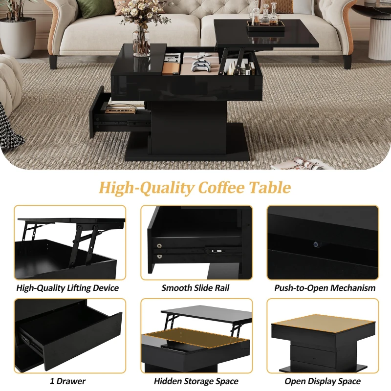360° Rotating Lift-Top Coffee Table with Height-Adjustable Square Top, Modern Center Table with Hidden Storage, 27.5" L x 27.5" W x 17.5" H, Black