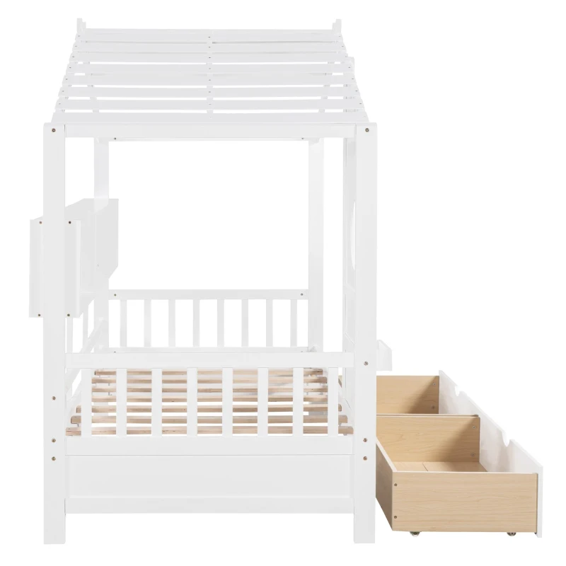 Kids Twin Size House Bed with 2 Storage Drawers and Rear Shelf, House-Style Kids Bed Frame with Plywood and MDF, 78'' L x 42.5'' W x 72'' H, White