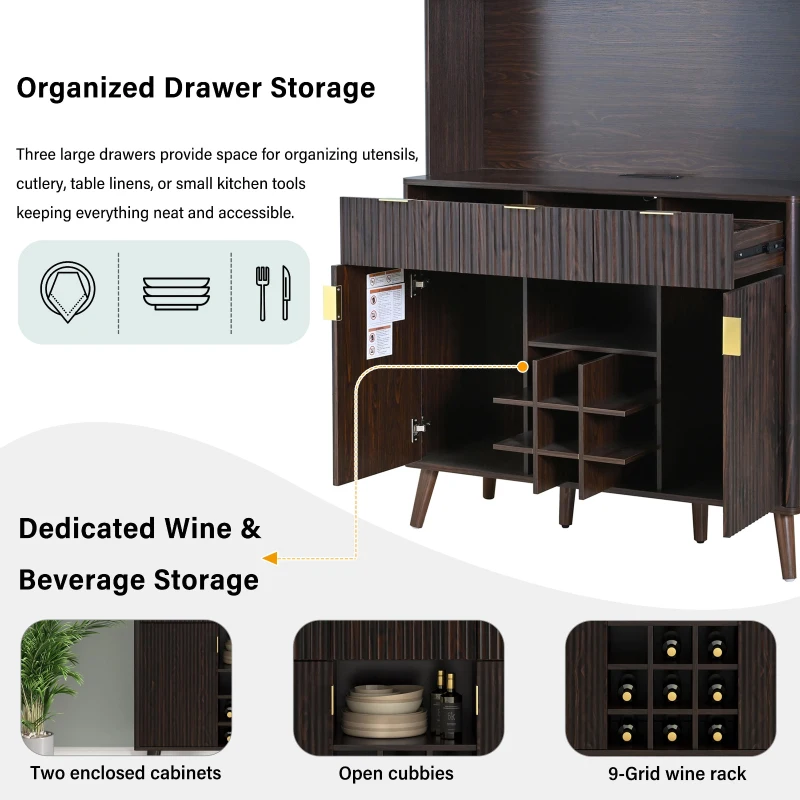 High Bar Cabinet with Smart LED Lighting (App & Music-Sync), Spacious Storage Cabinet with 9-Bottle Wine Rack, 42" L x 12" W x 72" H, Walnut