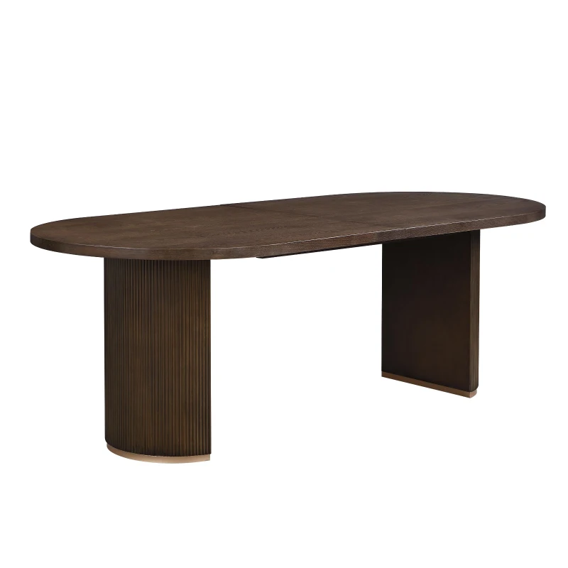 Oval Double Pedestal Dining Table with Semi-Cylindrical Pedestal Bases, Walnut Wood Kitchen Table Vertical Grooves, 88'' L x 40'' W x 30'' H, Walnut
