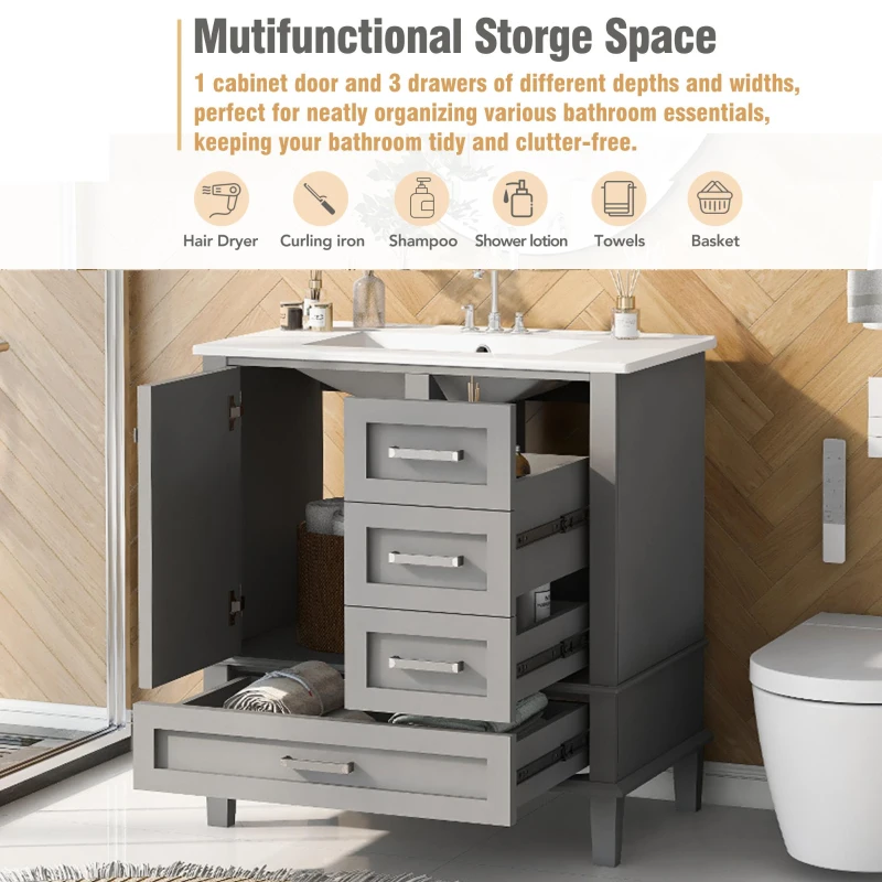 Modern Bathroom Vanity with Sink Combo, Solid Wood Frame, Ample Storage Cabinet with Soft-Close Door, 30" L x 18" W x 34" H, Grey