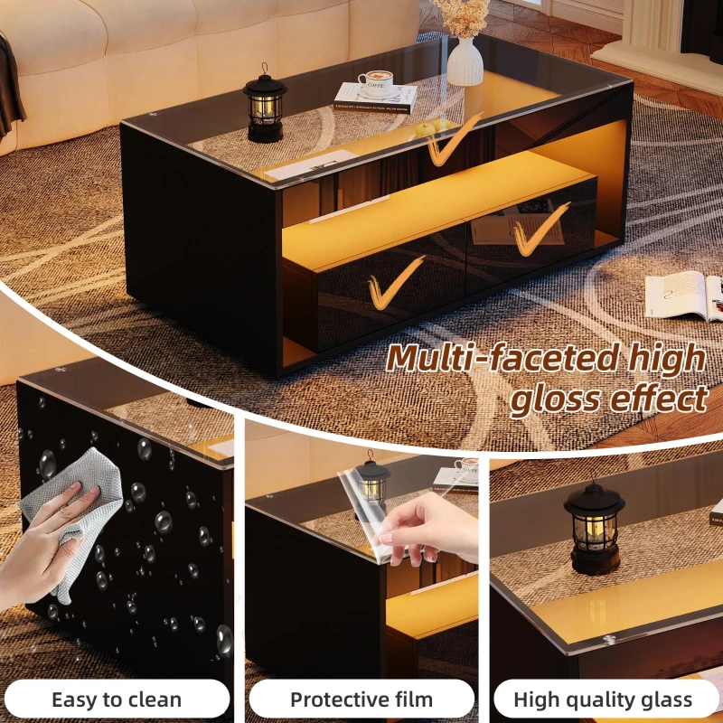 High-Gloss Coffee Table with App-Controlled RGB LED Strip, Spacious Center Table with Open Double-Layer Storage, 39.5" L x 19.5" W x 15.5" H, Black