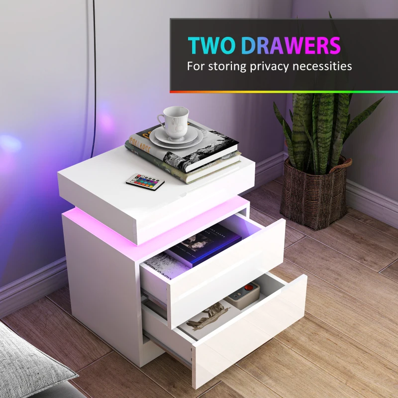 HOMCOM Nightstand Set of 2, End Side Tables with LED Lights, Bedside Tables with 2 Drawers, for Bedroom, White