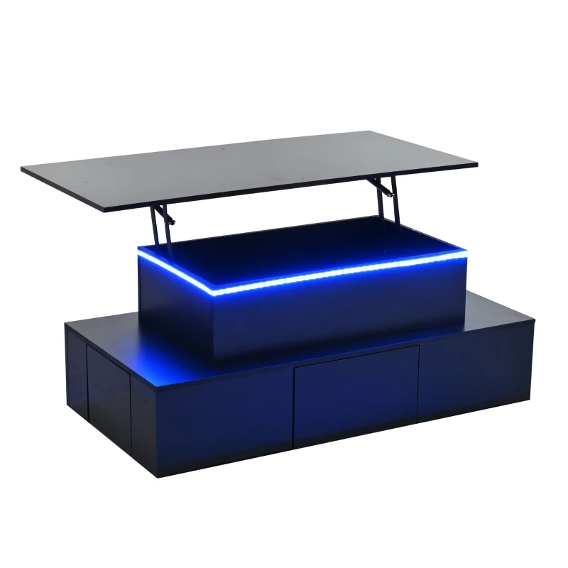 Sleek Lift-Top Coffee Table with Hydraulic Lift and App-Controlled LED Lighting, Versatile Center Table with Hidden Storage, 39.5" L x 19.5" W x 15.5" H, Black