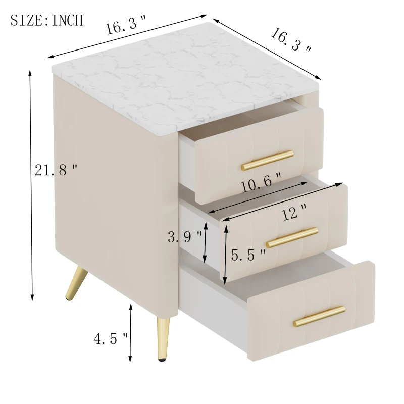 Upholstered Nightstand with 3 Drawers, Marble-Effect Top and Metal Legs, Beige Beside Table with Plywood Frame, 16.5'' L x 16.5'' W x 22'' H, Beige
