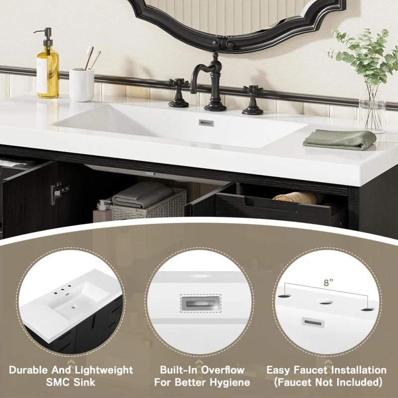 Stylish Bathroom Vanity with 2 Doors & 6 Hidden Soft-Close Drawers, Elegant Vanity Cabinet with SMC Resin Sink, 47'' L x 19.5'' W x 34'' H, Black