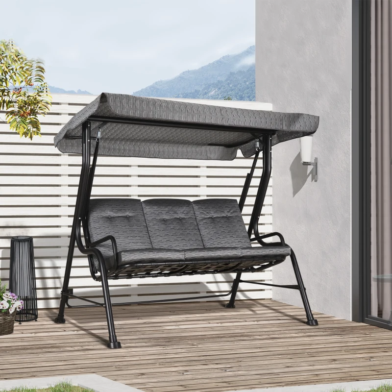 Outsunny 3-Person Porch Swing Chair, Patio Swing Bench with Adjustable Canopy, Removable Thicken Cushion and Weather Resistant Steel Frame for Outdoor, Garden, Poolside, Grey
