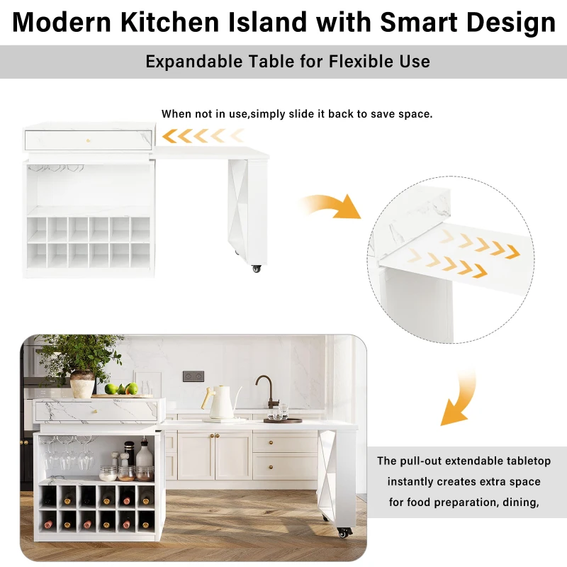 Modern Bar Table with 4-in-1 Extendable Pull-Out Table and Lockable Wheels, Kitchen Island with Adjustable Shelf, 82.5" L x 32.5" W x 28" H, White