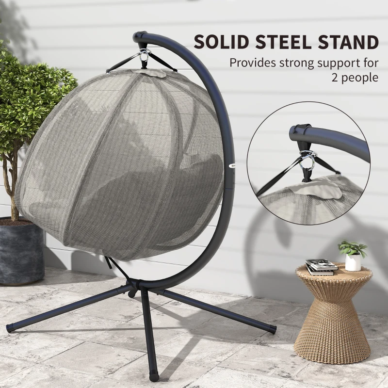 Outsunny Double Egg Chair with Stand, 2 Person Hanging Swing Egg Chair with Cushion, Pockets, Khaki