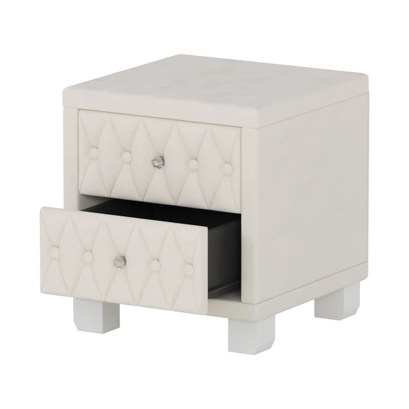 Elegant Velvet Nightstand with Button‑Tufting and Sparkling Crystal Knob, Solid Bedside Table with Generous Storage, 18'' L x 18'' W x 20'' H, Beige