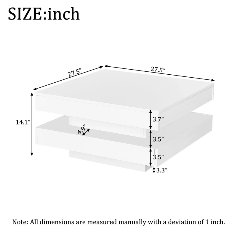 Square High-Gloss Coffee Table with App-Controlled LED Lighting, Modern Center Table with Double-Layer Storage, 27.5" L x 27.5" W x 14" H, White