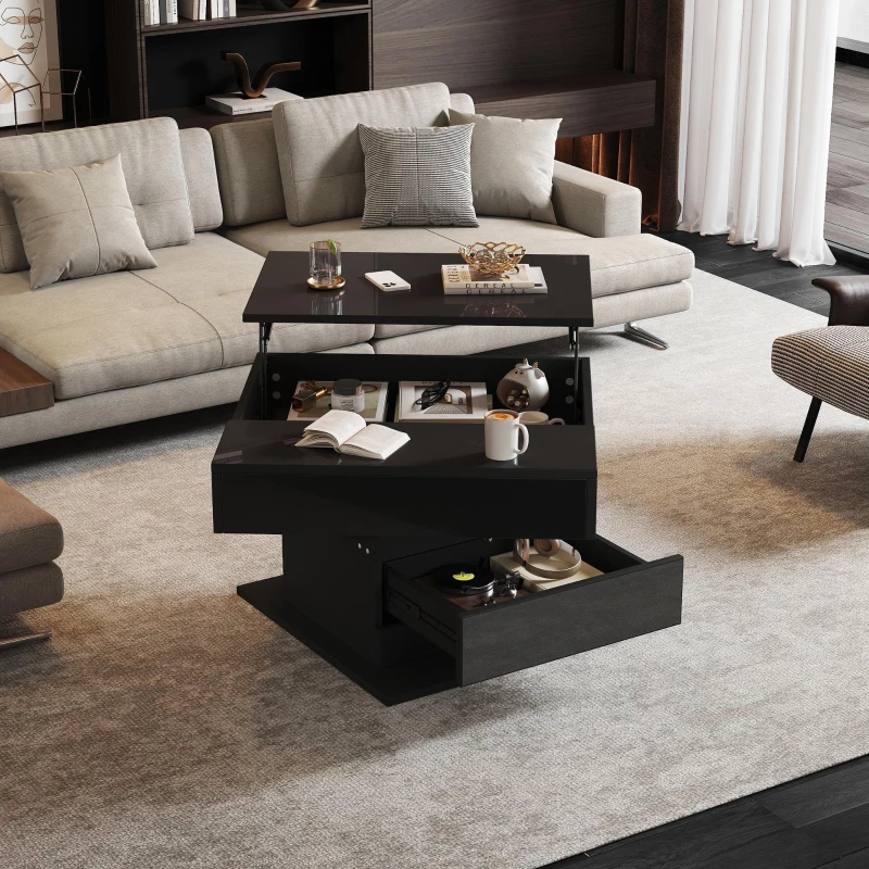 360° Rotating Lift-Top Coffee Table with Height-Adjustable Square Top, Modern Center Table with Hidden Storage, 27.5" L x 27.5" W x 17.5" H, Black