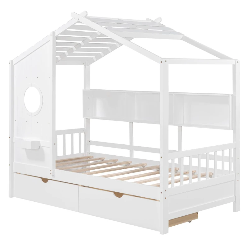 Kids Twin Size House Bed with 2 Storage Drawers and Rear Shelf, House-Style Kids Bed Frame with Plywood and MDF, 78'' L x 42.5'' W x 72'' H, White