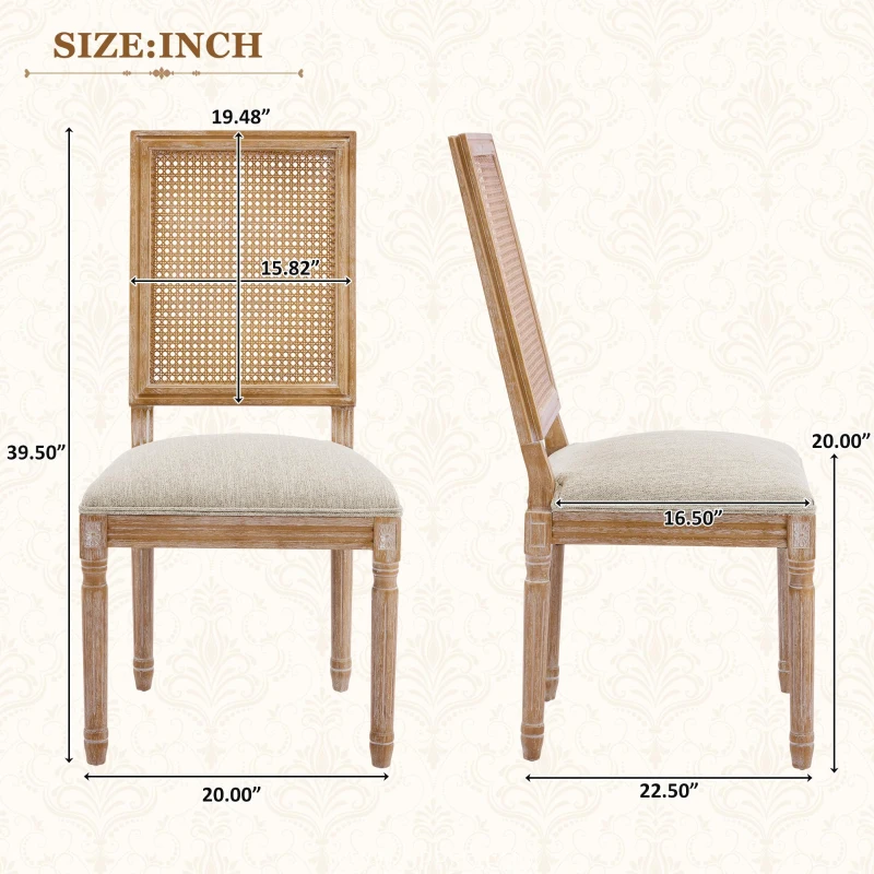 Set of 2 Dining Chairs with Rectangular Cane Backrest and Fluted Legs, Vintage Dining Seating with Rubberwood Frame, 20'' L x 22'' W x 39.5'' H, Beige