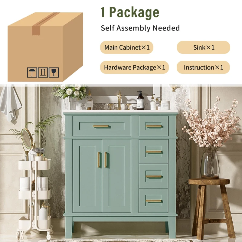 Solid Bathroom Vanity with Ceramic Undermount/Drop-In Sink, Modern Storage Cabinet for Compact Washrooms, 30'' L x 18'' W x 34'' H, Light Green