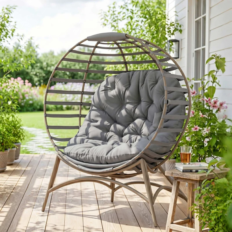 Outsunny Egg Chair, Patio Lounge Chair, Foldable Basket Chair with Large Seat Cushion, Side Pocket, Light Grey