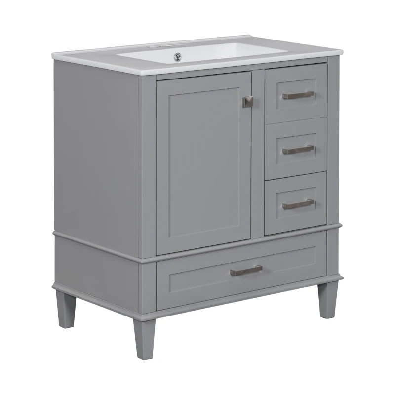 Modern Bathroom Vanity with Sink Combo, Solid Wood Frame, Ample Storage Cabinet with Soft-Close Door, 30" L x 18" W x 34" H, Grey