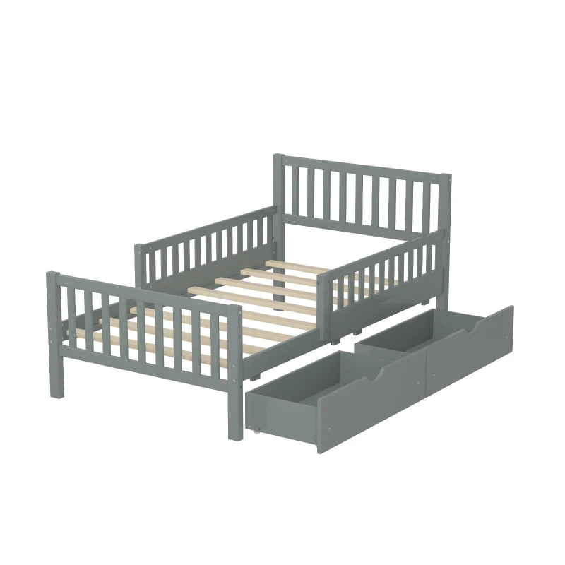 Twin Wood Platform Bed with 8 Slats & 2 Large Under-Bed Drawers, Solid Bed Frame for Children’s Rooms, 77.5'' L x 42'' W x 34.5'' H, Grey