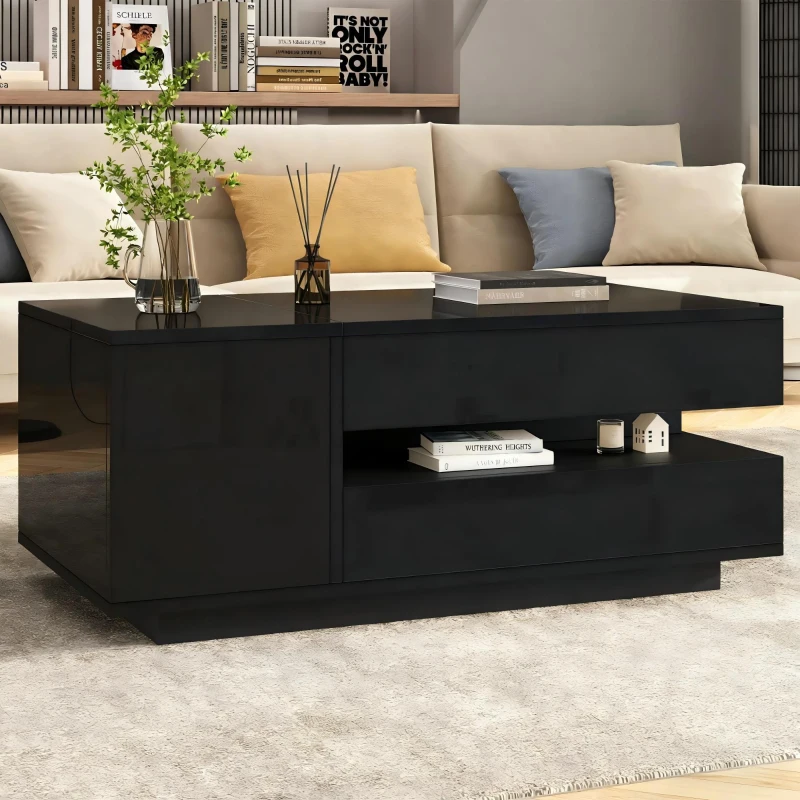 Height-Adjustable Coffee Table with App-Controlled RGB LED Lighting, Modern Center Table with Hidden Storage, 37.5" L x 19.5" W x 15.5" H, Black