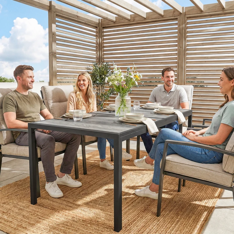 Outsunny Outdoor Dining Table for 4-6, 59" Outdoor Patio Table with Metal Legs, Wood-Effect Top, Grey