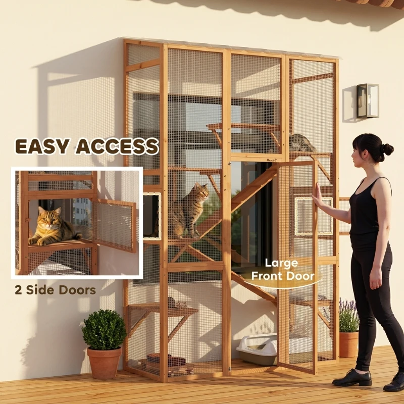 PawHut Outdoor Catio Cat Enclosure, Large Wooden Cat House with 6 Jumping Platforms, Scratching Post, 2 Ramps, for 2-3 Kittens