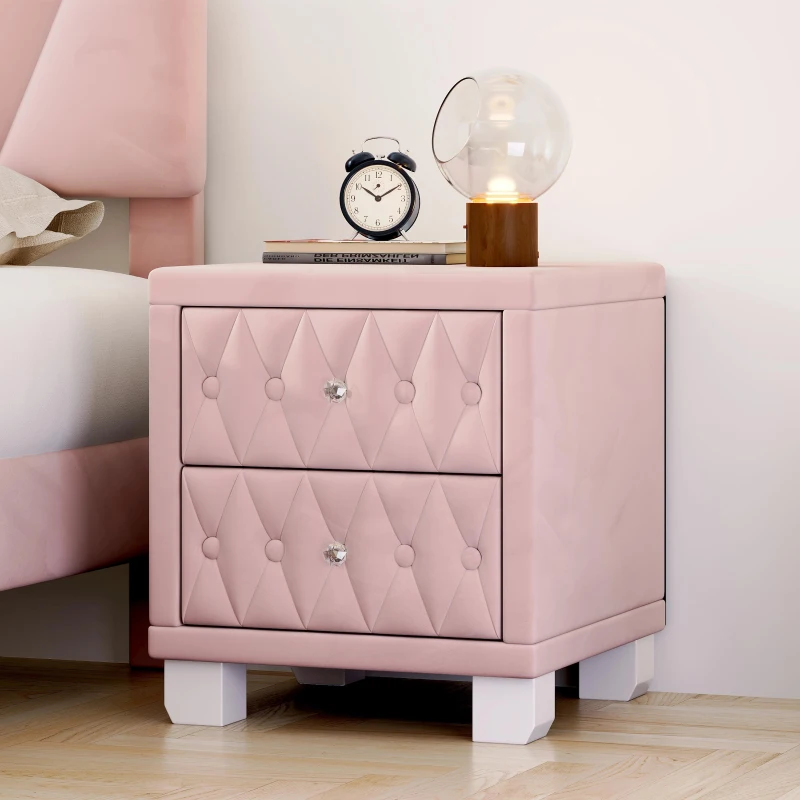 Elegant Velvet Nightstand with 2 Drawers and Crystal Handles, Soft Pink Beside Table with MDF and Storage Table, 18'' L x 18'' W x 20'' H, Pink