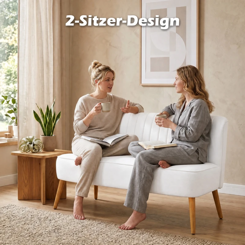 HOMCOM Modern 2 Seat Sofa for Bedroom, Upholstered Two Seater Couch with Rubber Wood Legs, Cream White
