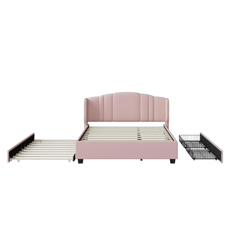 Upholstered Platform Bed with Wingback Headboard and Twin Trundle, Queen Size Bed Frame with Wooden Slat System, 86'' L x 65'' W x 43'' H, Pink