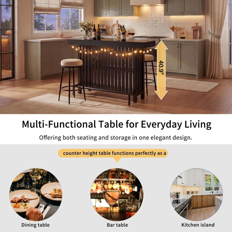 3-In-1 Dining Table with Marble-Grain MDF Top, Space-Saving Bar Table with Metal Footrest, 63" L x 15.5" W x 41" H, Black