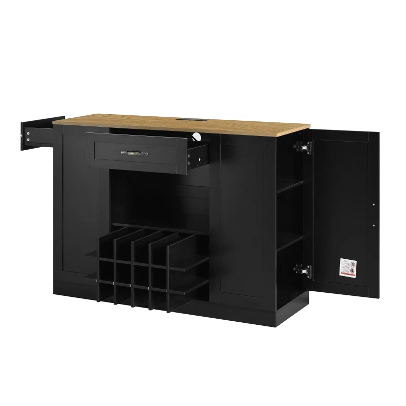 Modern Wine Bar Cabinet with Built-In Power Outlet, Versatile Sideboard with Adjustable Shelves, 47" L x 15.5" W x 34" H, Black+Natural