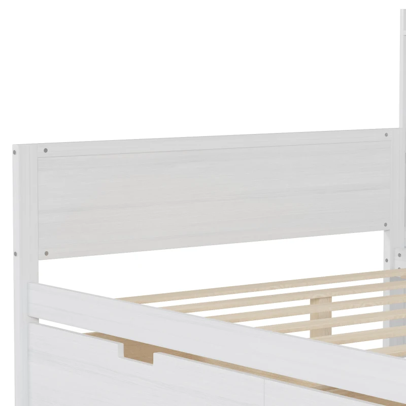 Full Size Daybed with 2 Large Drawers and Built-In Study Desk, Space-Saving Guest Bed with Side Storage Shelves, 91.5'' L x 65'' W x 45'' H, Antique White