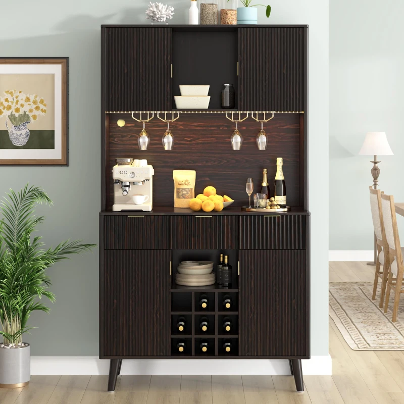 High Bar Cabinet with Smart LED Lighting (App & Music-Sync), Spacious Storage Cabinet with 9-Bottle Wine Rack, 42" L x 12" W x 72" H, Walnut