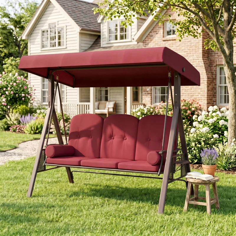 Outsunny Outdoor Patio 3-Person Steel Canopy Cushioned Seat Bench Swing with Included Side Trays & Padded Comfort, Wine Red