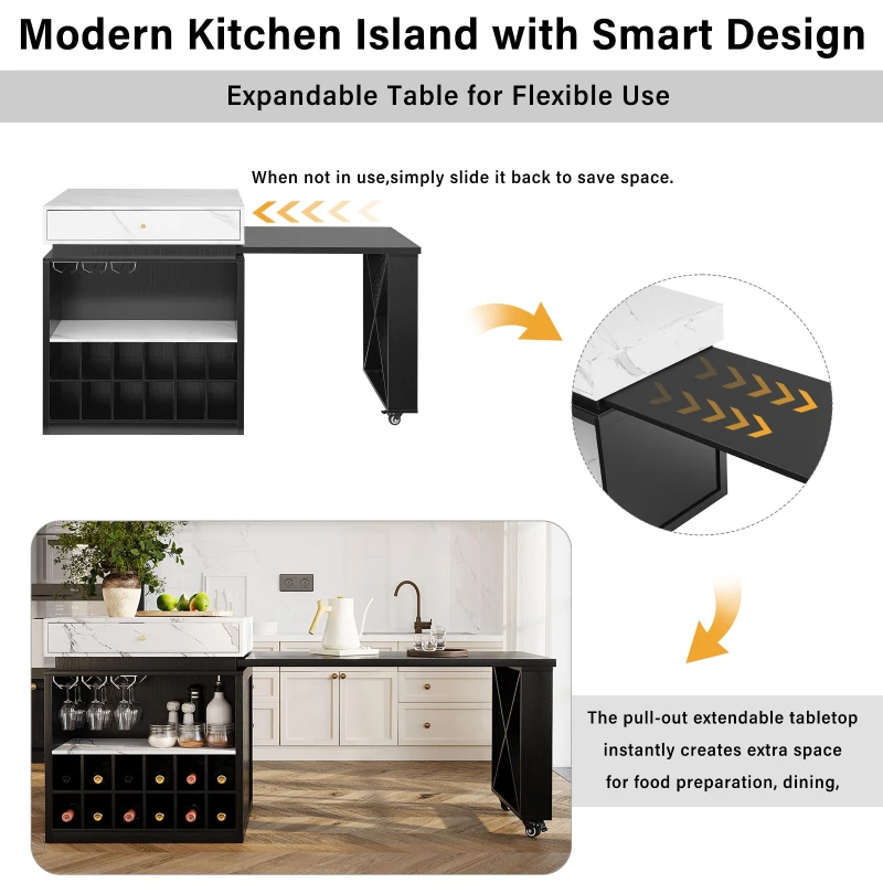 Modern Bar Table with 4-in-1 Extendable Pull-Out Table and Lockable Wheels, Kitchen Island with Adjustable Shelf, 82.5" L x 32.5" W x 28" H, Black