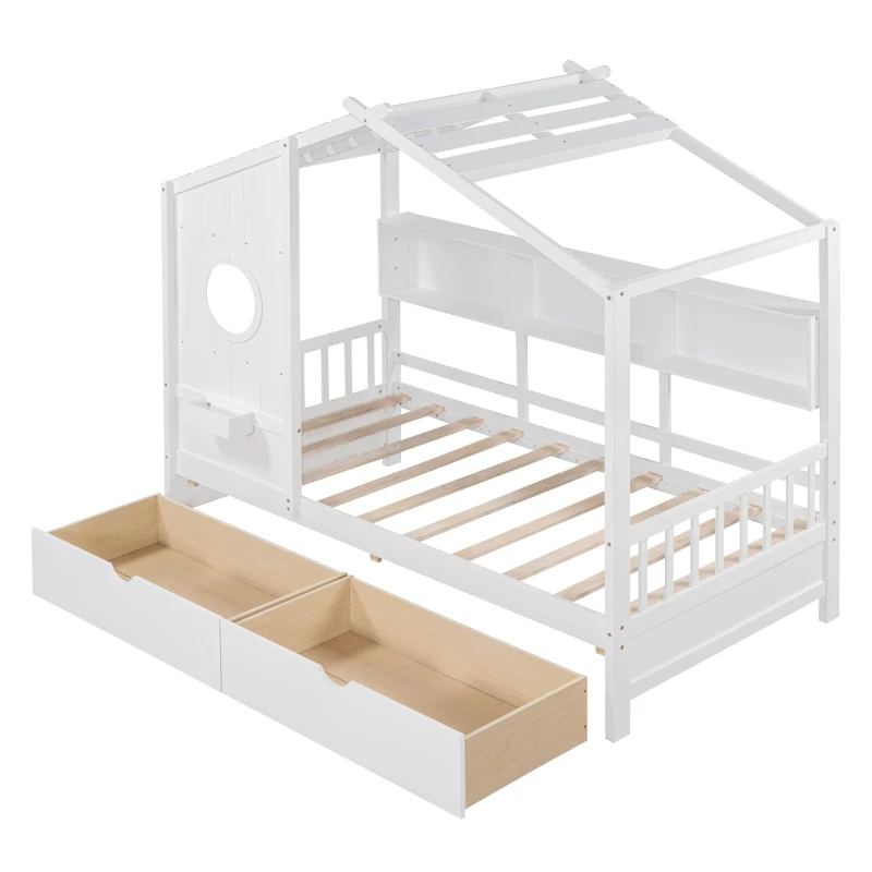 Kids Twin Size House Bed with 2 Storage Drawers and Rear Shelf, House-Style Kids Bed Frame with Plywood and MDF, 78'' L x 42.5'' W x 72'' H, White
