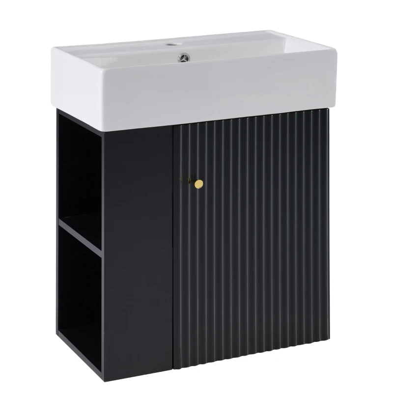 Modern Floating Bathroom Vanity with Ceramic Basin and Side Storage, Cabinet with Rose Golden Handle, 21.5" L x 12" W x 26.5" H, Black