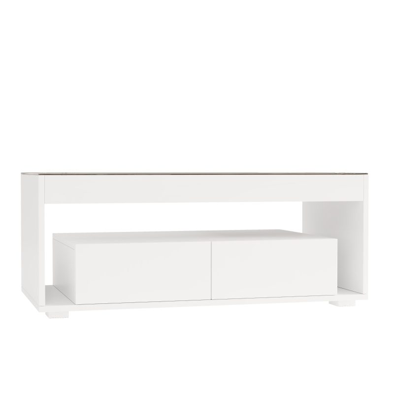 High-Gloss Coffee Table with App-Controlled RGB LED Strip, Spacious Center Table with Open Double-Layer Storage, 39.5" L x 19.5" W x 15.5" H, White