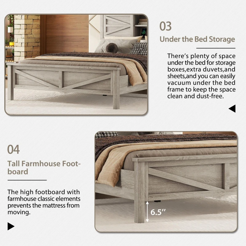 3-Piece Full Size Bedroom Set with Storage Headboard, Farmhouse Platform Bed Set with Charging Station, 83.5" L X 56.5" W X 40.5'' H, Antique Gray