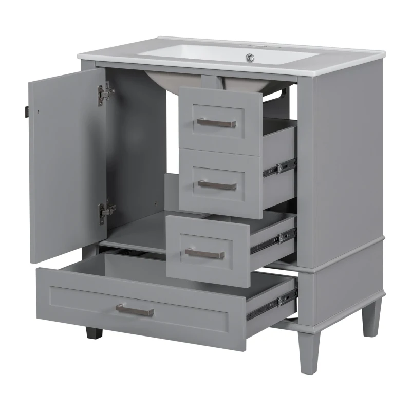 Modern Bathroom Vanity with Sink Combo, Solid Wood Frame, Ample Storage Cabinet with Soft-Close Door, 30" L x 18" W x 34" H, Grey