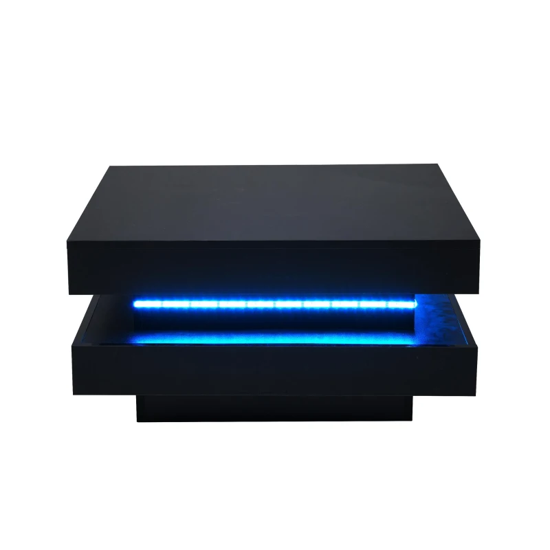 Square High-Gloss Coffee Table with App-Controlled LED Lighting, Modern Center Table with Double-Layer Storage, 27.5" L x 27.5" W x 14" H, Black