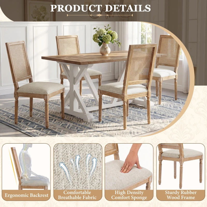 Set of 2 Dining Chairs with Rectangular Cane Backrest and Fluted Legs, Vintage Dining Seating with Rubberwood Frame, 20'' L x 22'' W x 39.5'' H, Beige