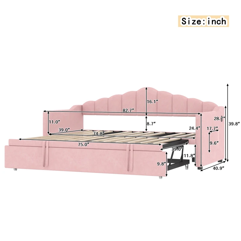 Twin-Size Upholstered Daybed with Height-Adjustable Pop-Up Trundle, Space-Saving Trundle Bed with 2 Side Pockets, 82.5'' L x 41'' W x 40'' H, Pink